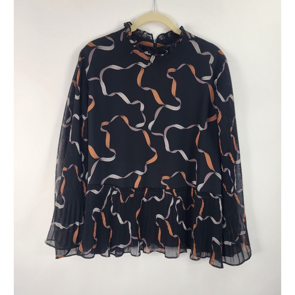 Ann Taylor Top Women's XL Black High Neck Ruffle Bell Sleeve Semi Sheer Peplum